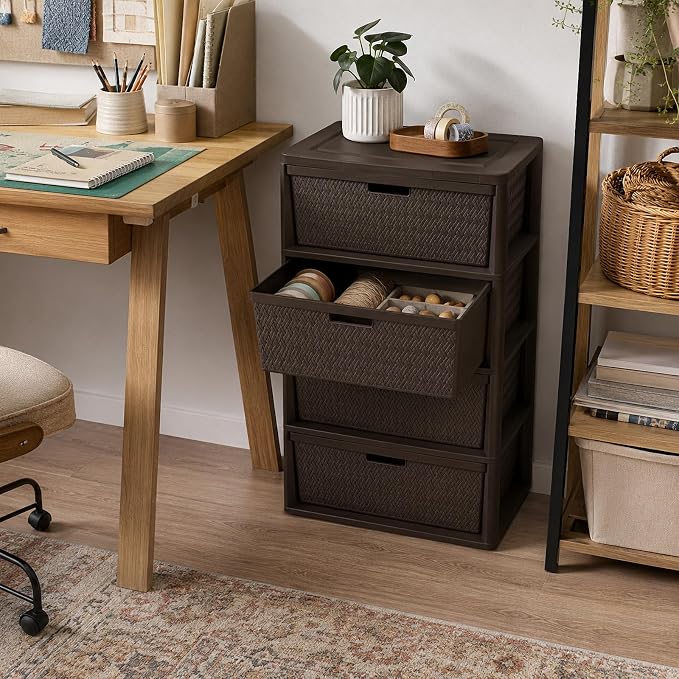 Wide 4-Drawer Plastic Storage Tower, Cross-Weave Floor Cabinet, tool-free - Image 2
