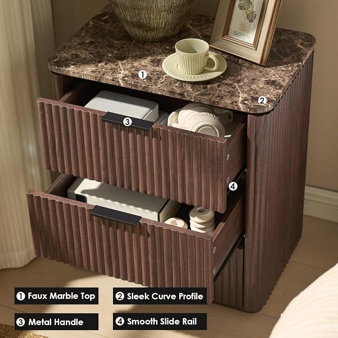 Fluted Nightstand with 3 Drawers, Engineered Wood Bedside Table with Faux - Image 4