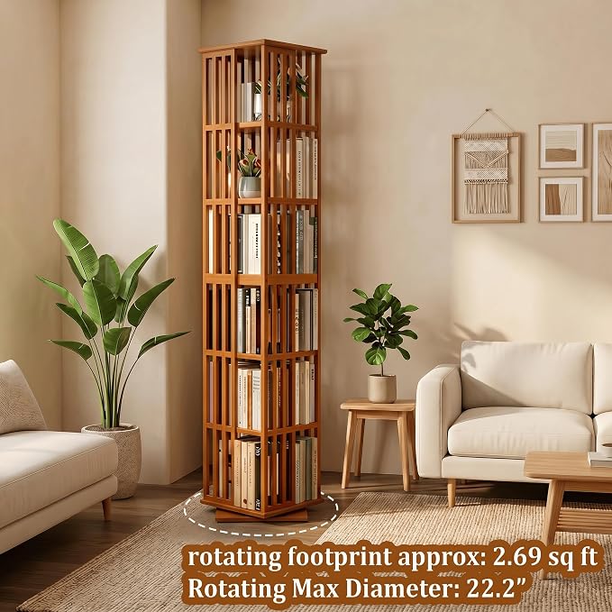Lauxery 6-Tier Bamboo Rotating Bookshelf Tower, 74.8 in | Easy Assembly - Image 7