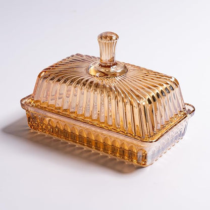 Glass Butter Dish with Lid for Countertop, Champagne Color Striped Crystal by QIANCHANG