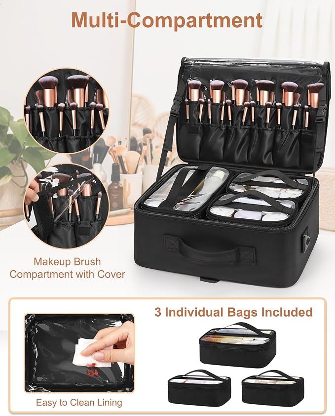 Relavel Large Makeup Bag with 3 Removable Pouches, Travel Train Case Cosmetic - Image 4