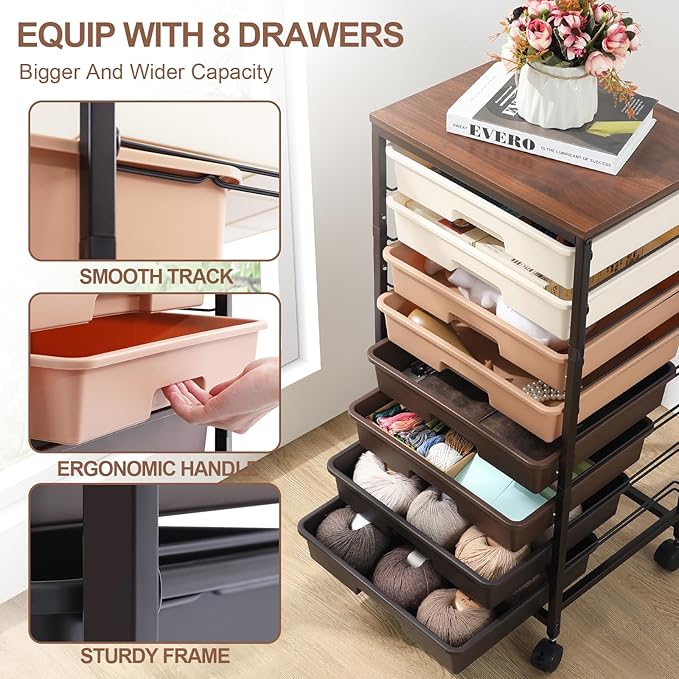 Rolling Storage Cart with Drawers, Rolling Drawer Cart and Wooden Tabletop - Image 3