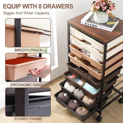 Rolling Storage Cart with Drawers, Rolling Drawer Cart and Wooden Tabletop - Image 3