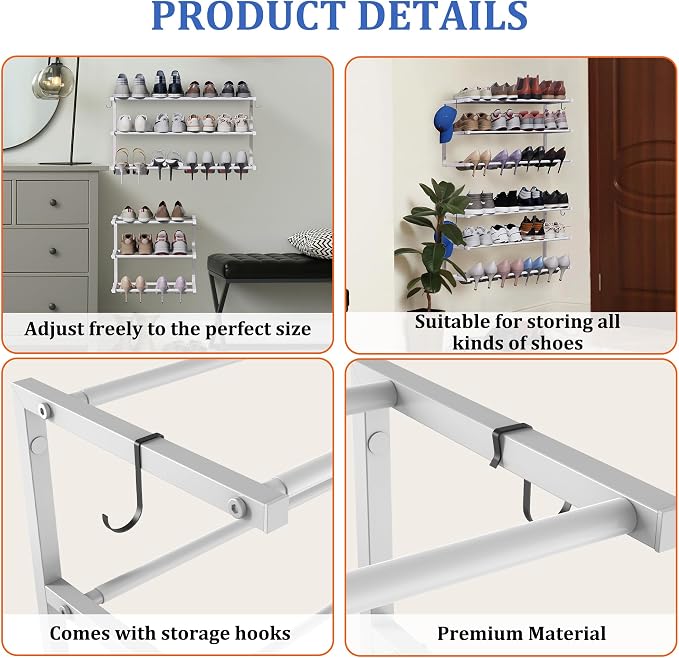Wall Mounted Shoe Rack, 3 Tier Hanging Shoe Rack Holds 12 Pairs, Space Saving - Image 7