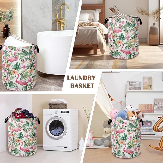 Pink Flamingo Laundry Basket, Floral Plam Collapsible Laundry Baskets - Image 7