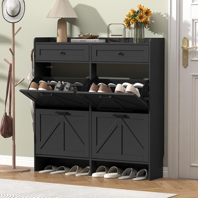 Thacuok Shoe Cabinet with 4 Flip Drawers & 2 Storage Drawers, Rustic Farmhouse - Image 3