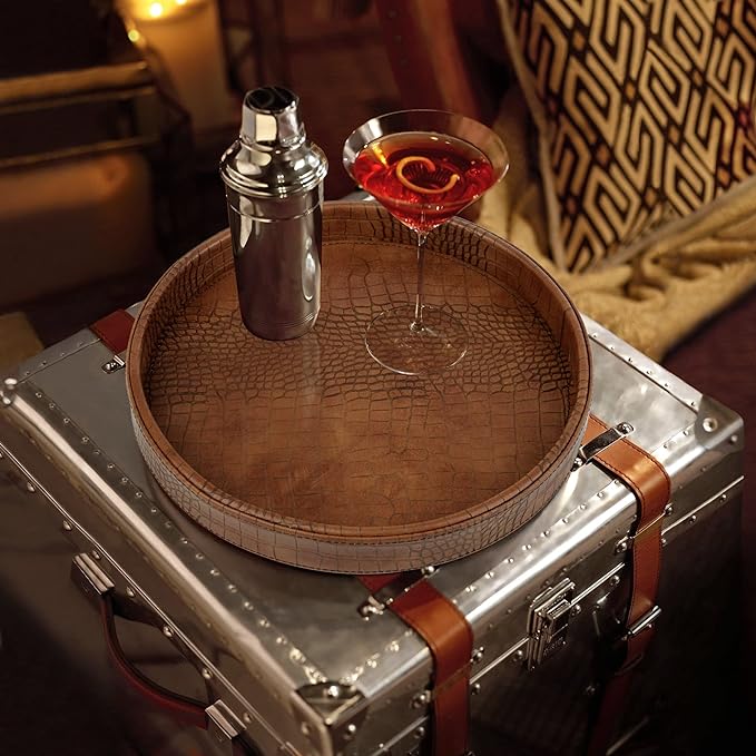 HofferRuffer Faux Leather Round Serving Tray, Vegan Croco Leather Decorative - Image 3