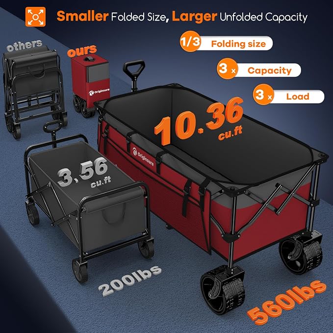 48" L Folding Beach Wagon Cart Foldable, 560lbs Weight Capacity 300L Heavy Duty - Image 3