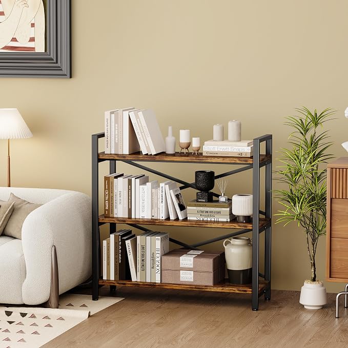 3 Tier Bookshelf 31.49" Width, Wood and Metal Etagere Bookcase, Vintage - Image 7