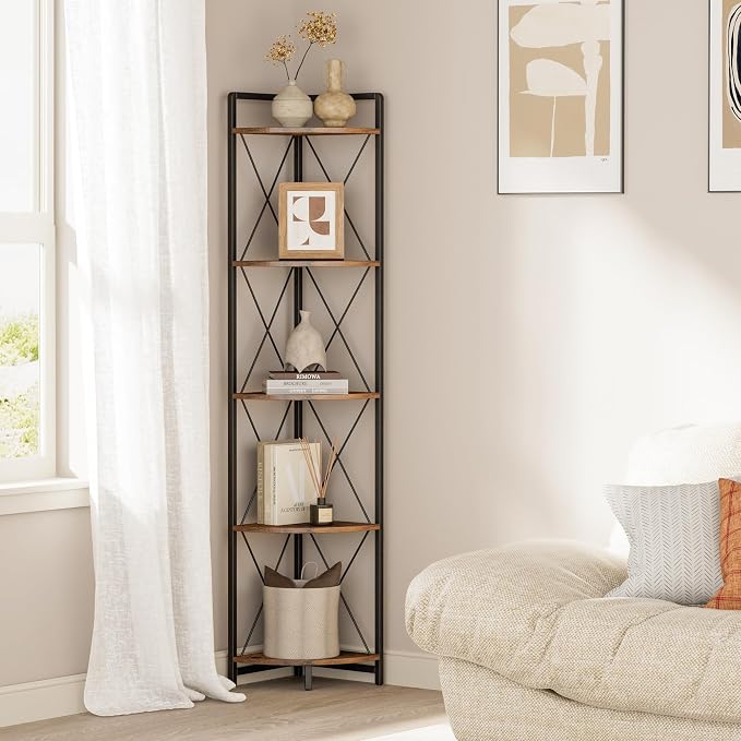 5 Tier Corner Shelf Stand, Rustic Brown | Industrial Metal Corner Shelf by Cerlyunzan