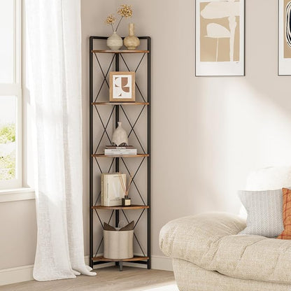 5 Tier Corner Shelf Stand, Rustic Brown | Industrial Metal Corner Shelf by Cerlyunzan