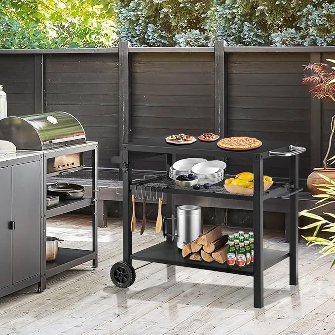 Grill Cart Table with Three Shelf, Movable Outdoor Dining Cart Pizza Oven Stand - Image 2
