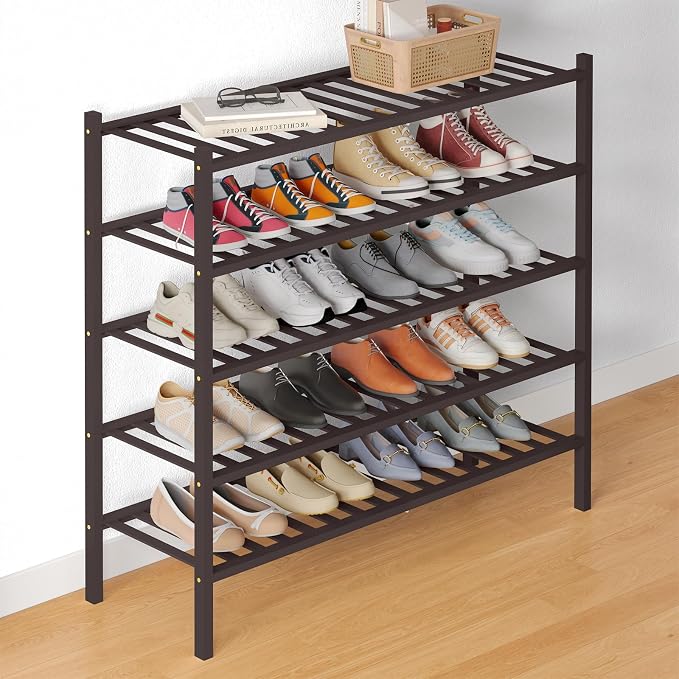 Smiry Bamboo Shoe Rack for Closet, 5 Tier Long Wooden Stackable Shoe Organizer by Smiry