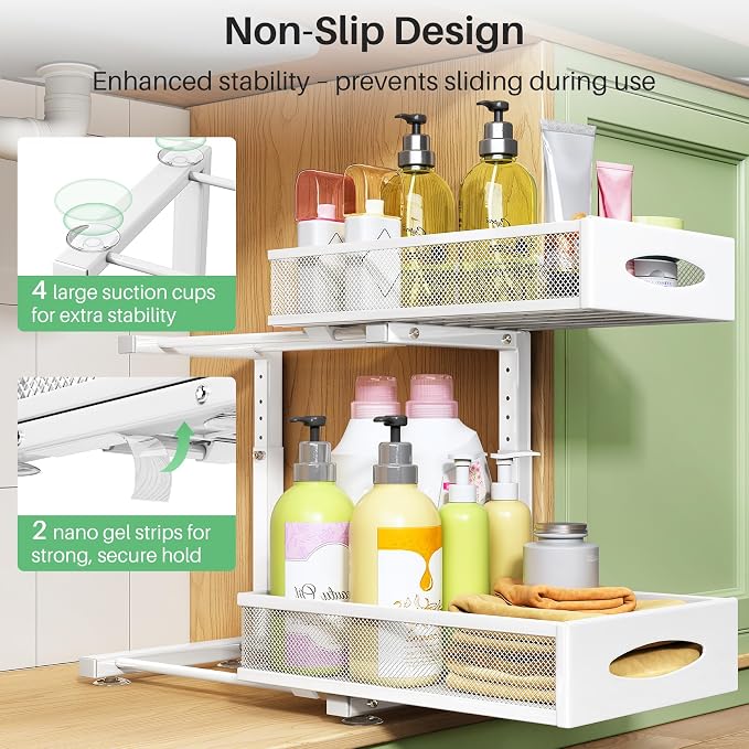 Under Sink Organizer, 2 Pack 2 Tier Pull out Cabinet Organizer Baskets - Image 6