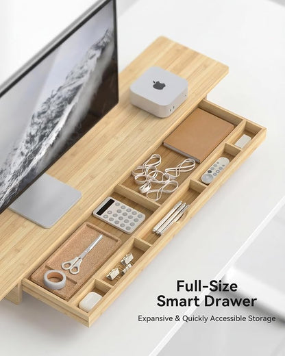 Bamboo Monitor Stand with Large Storage Drawer, 42 Inch Ergonomic Computer Riser - Image 3