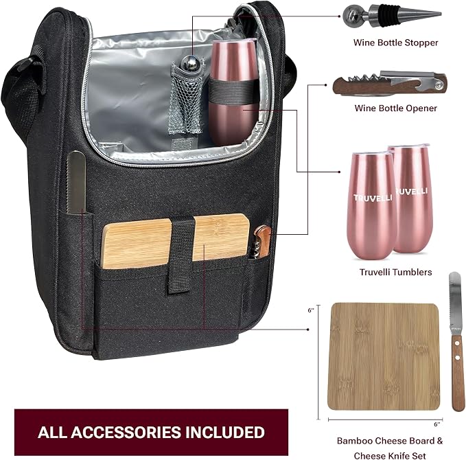 Truvelli Black Insulated Wine Tote Bag: Portable 2 Bottle Cheese Waterproof - Image 3