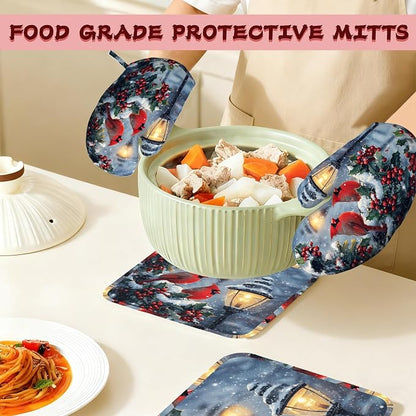 Christmas Berries Heat-Resistant Silicone Oven Mitts and Pot Holder 4 Piece Set - Image 7