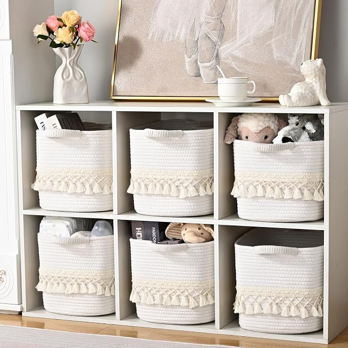 3 Pack Storage Basket for Shelves, Boho Cotton Rope Storage Bins - Image 6