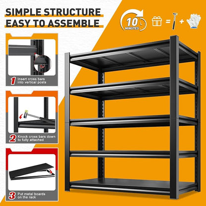 REIBII 72" H Storage Shelves, 2500LBS Heavy Duty Garage Shelving Unit, 5 Tier - Image 9