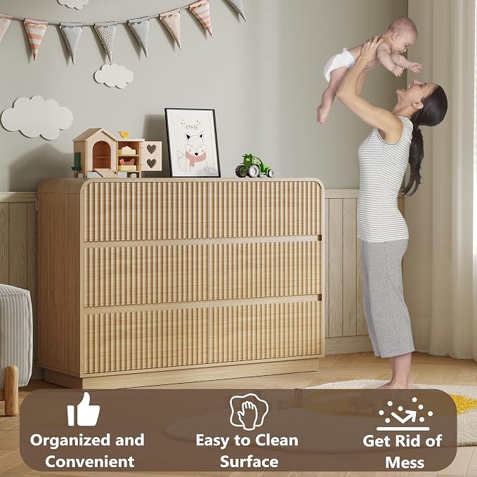 Dresser for Bedroom with 6 Drawers, Fluted Chest of Drawers with Round Curved - Image 5