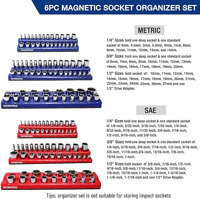 WORKPRO Magnetic Socket Organizer Set, 6-Piece Socket Holder Set Includes 1/4" - Image 2