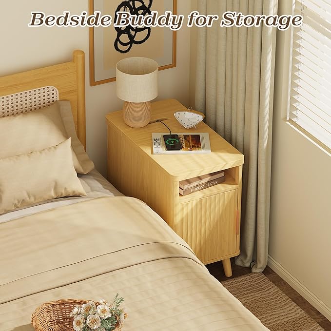 Huuger Narrow Nightstand with Charging Station, USB-C Port, Fluted End Table - Image 5