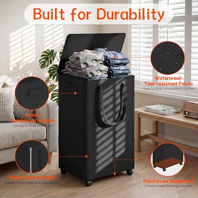Slim Laundry Hamper with Wheels, 25 Gal Rolling Laundry Basket with lid and - Image 3