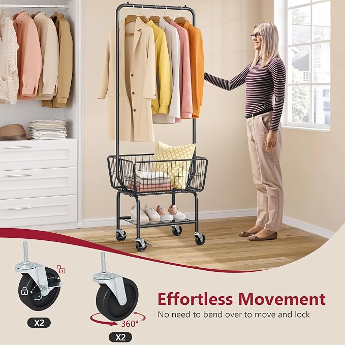Tajsoon Laundry Cart with Hanging Rack, Metal Laundry Basket with Wheels - Image 4