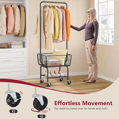 Tajsoon Laundry Cart with Hanging Rack, Metal Laundry Basket with Wheels - Image 4