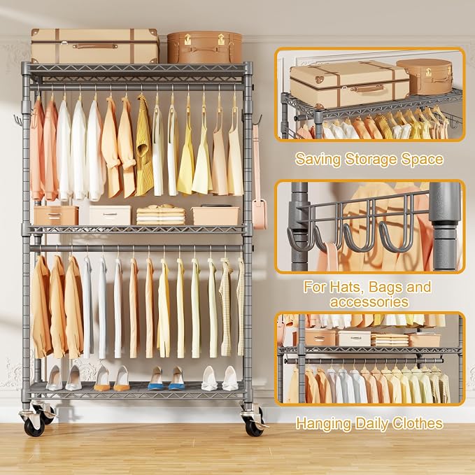 P1 Rolling Clothing Rack with Lockable Wheels, Heavy-Duty Garment Rack - Image 4
