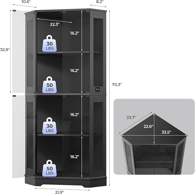 IRONCK 71 Inch Carbon Fiber Corner Glass Display Cabinet - Image 2