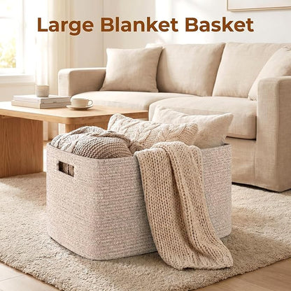 OIAHOMY 75L Large Blanket Basket, 22”x17”x12” Woven Cotton Rope Storage Basket - Image 2