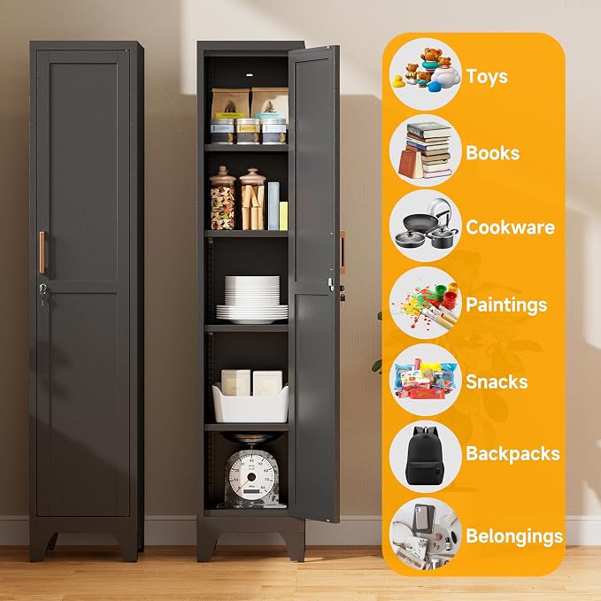 67"H Black Metal Locker with 1 Lockable Door and 4 Adjustable Shelves - Image 6