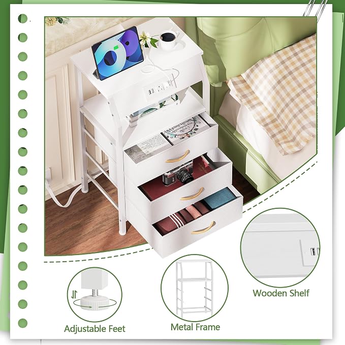 Furnulem White Nightstand with Charging Station, 3 Drawers Bedside Table | 28.3 - Image 7