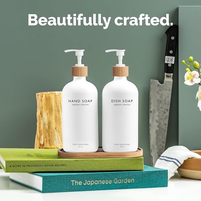 Vine Creations White Glass Soap Dispenser Set, Hand Soap and Dish Soap - Image 2