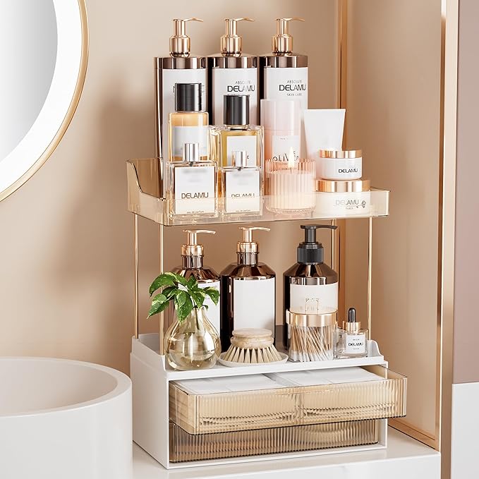 Delamu Bathroom Organizers and Storage, 2 Tier 2 Drawer Makeup Organizer by DELAMU