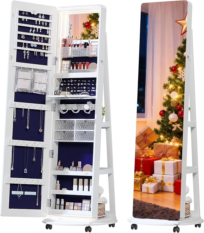 Full Length Mirror with Storage, Standing Mirror Jewelry Cabinet with 3 Color by TAGELIER
