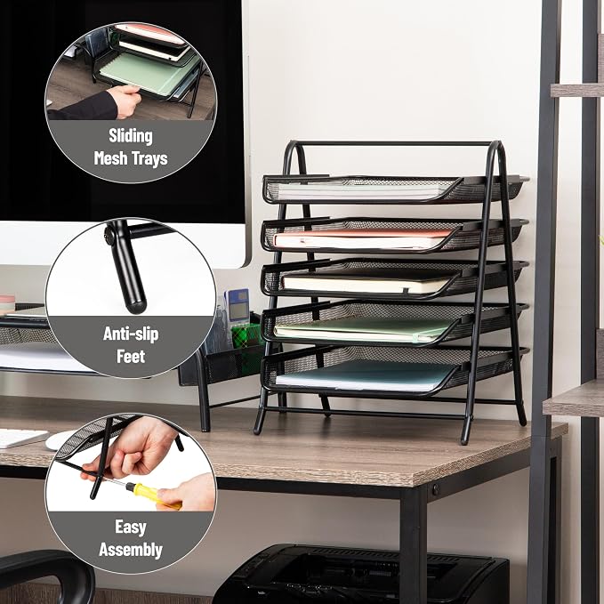 Mind Reader 5-Tier Paper Tray Organizer, Vertical Desktop File Storage Rack - Image 4