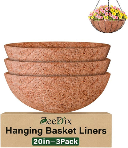 20 Inch Coco Liners for Planters, 3 Pack Hanging Basket Liners | Round Coco by ZeeDix