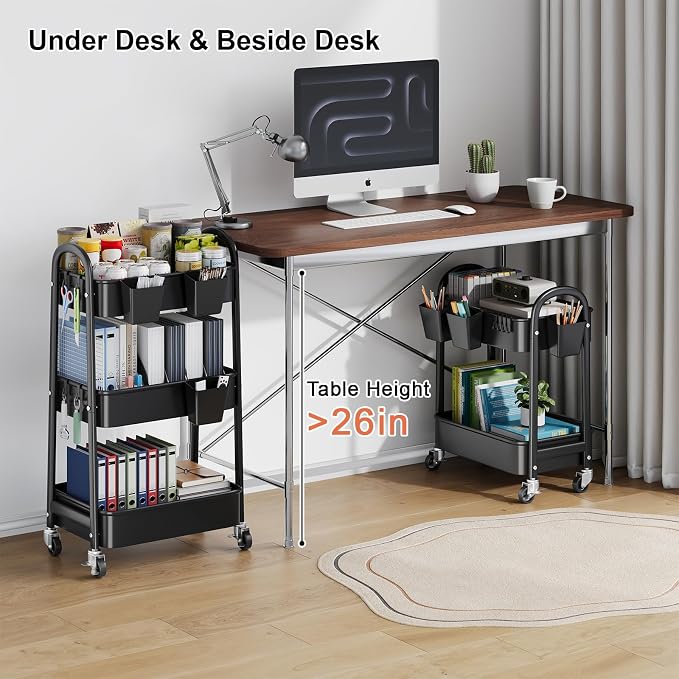 2 Tier Rolling Cart Metal on Wheels, Two Tiered Short Storage Side Table - Image 4
