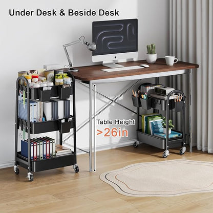 2 Tier Rolling Cart Metal on Wheels, Two Tiered Short Storage Side Table - Image 4