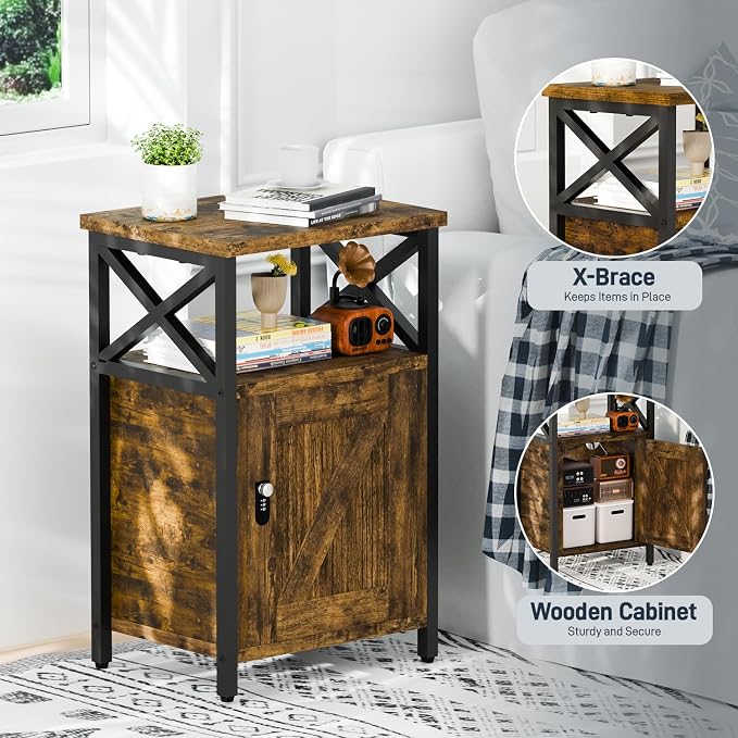 runjuly Wooden Nightstand with Lock Storage Cabinet, Rustic Brown | Locking - Image 6