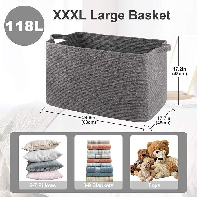 118L Extra Large Blanket Basket, 24.8" x 17.7" x 17.2" Woven Storage Basket - Image 2