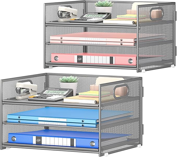 Subekyu 2-Pack 3-Tier Gray Metal Mesh Desk Paper Letter Tray & File Sorter by SUBEKYU