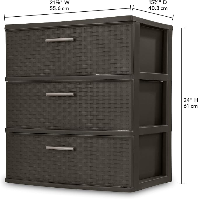 Sterilite 3 Drawer Wide Storage Tower, Plastic Weave Organizer, Espresso - Image 2