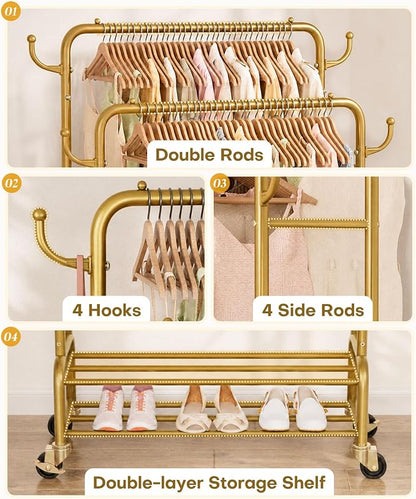 Homde Heavy Duty Clothes Rack: 265lb Rolling Double Rod Garment Hanging - Image 6
