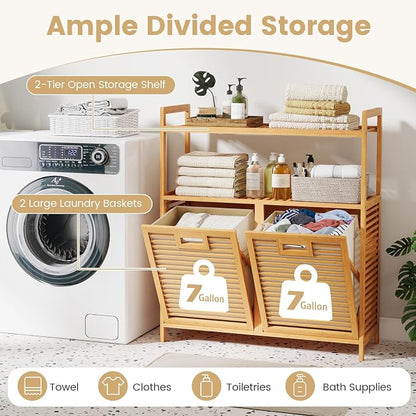 Giantex Double Tilt Out Laundry Hamper w/2-Tier Storage Shelf | 14 Gal Bamboo - Image 4