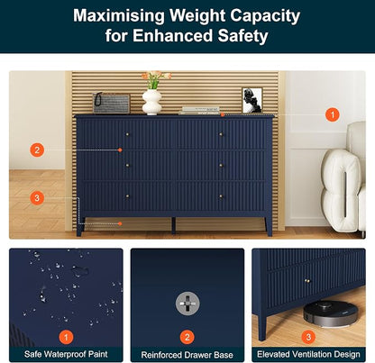 RoyalCraft 6 Drawer Dresser, Fluted Modern Wood Chest of Drawers, Long Dresser - Image 4