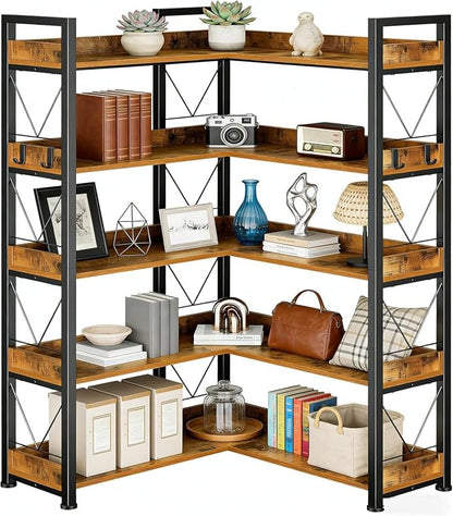 HealSmart 5 Tier L Shape Bookshelf, Industrial Wooden Bookcase by HealSmart