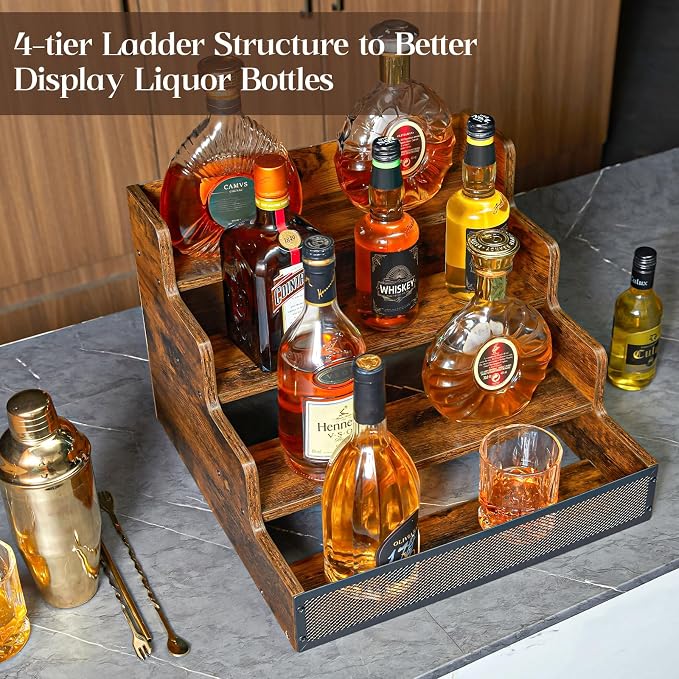 Yuzehuaza 4 Step Countertop Liquor Bottle Display Shelf, Wood Bar Shelves 16 - Image 8